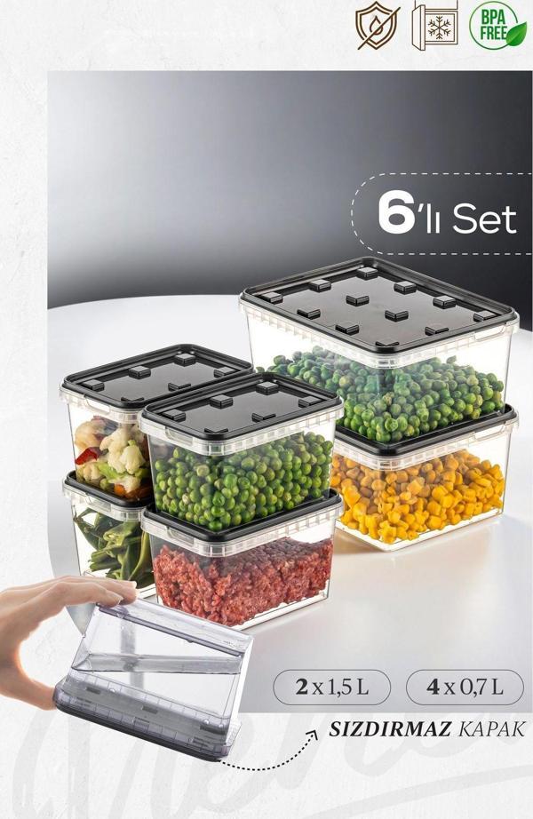Vienev 6lı 2x(1,5 LT)-4x(0,7 LT) Block Buzdolabı Ve Derin Dondurucu Sızdırmaz Saklama Kabı Şeffaf Antrasit - Image 1