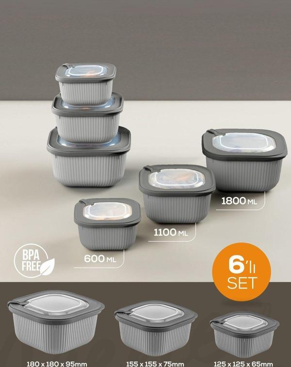 Vienev 6lı 2x(600-1100-1800 ml) Mikrodalga ve Difrize Uygun Vip Kapaklı Özel Saklama Kabı Seti Antrasit - Image 1