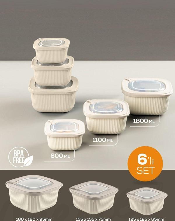Vienev 6lı 2x(600-1100-1800 ml) Mikrodalga ve Difrize Uygun Vip Kapaklı Özel Saklama Kabı Seti Bej - Image 1