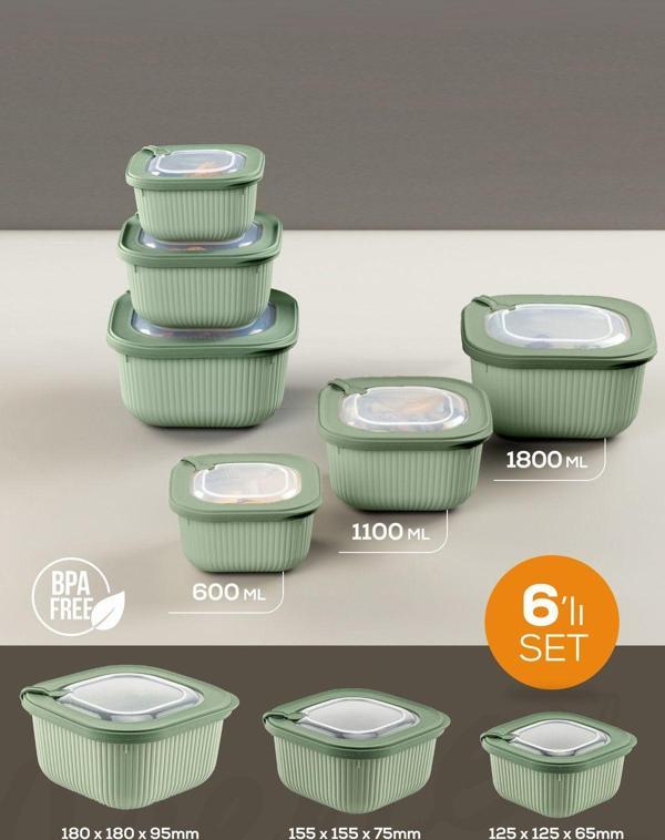 Vienev 6lı 2x(600-1100-1800 ml) Mikrodalga ve Difrize Uygun Vip Kapaklı Özel Saklama Kabı Seti Yeşil - Image 1