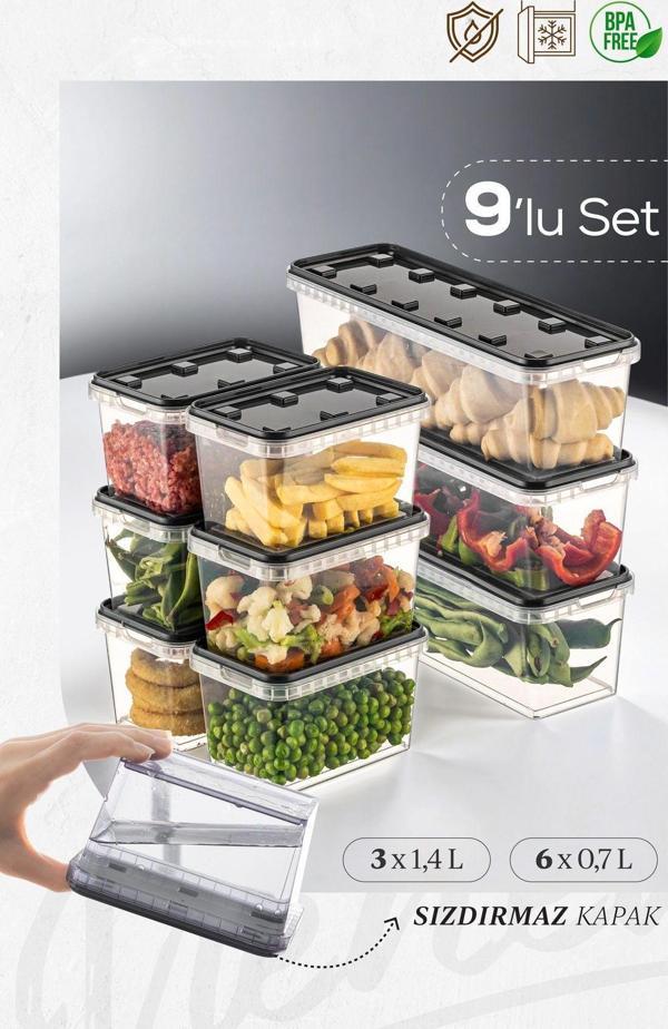 Vienev 9lu 3x(1,4 LT)-6x(0,7 LT) Block Buzdolabı Ve Derin Dondurucu Sızdırmaz Saklama Kabı Şeffaf Antrasit - Image 1