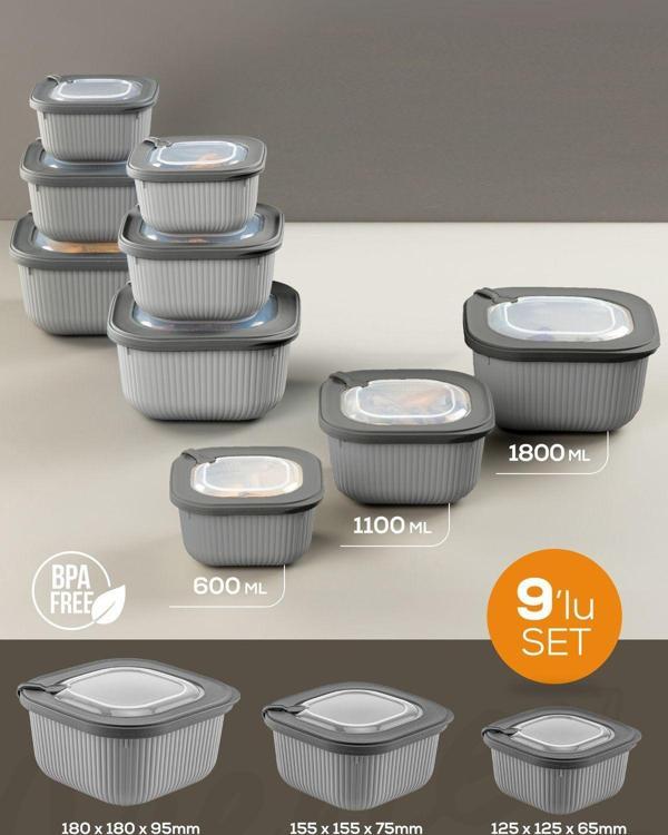 Vienev 9lu 3x(600-1100-1800 ml) Mikrodalga ve Difrize Uygun Vip Kapaklı Özel Saklama Kabı Seti Antrasit - Image 1