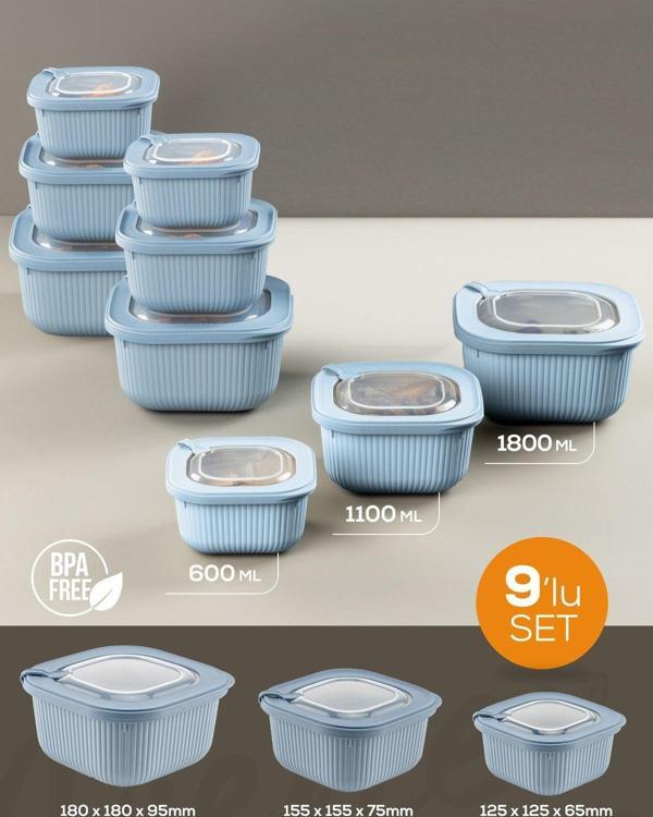 Vienev 9lu 3x(600-1100-1800 ml) Mikrodalga ve Difrize Uygun Vip Kapaklı Özel Saklama Kabı Seti Mavi - Image 1