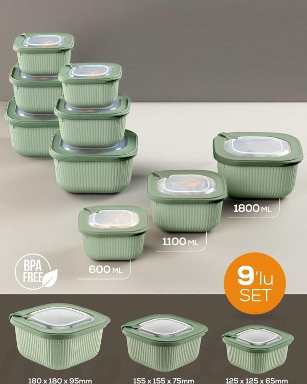 Vienev 9lu 3x(600-1100-1800 ml) Mikrodalga ve Difrize Uygun Vip Kapaklı Özel Saklama Kabı Seti Yeşil - Image 1