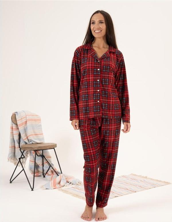Estiva Kareli Desen Önden Düğmeli Süet Bayan Pijama Takım - Image 1