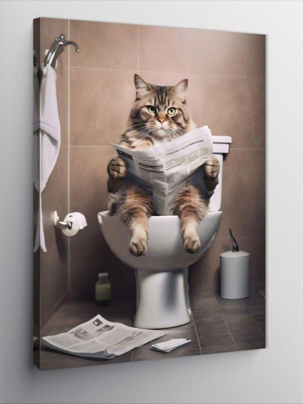 Ekart Kanvas Tablo Tuvalette Gazete Okuyan Kedi - Image 1