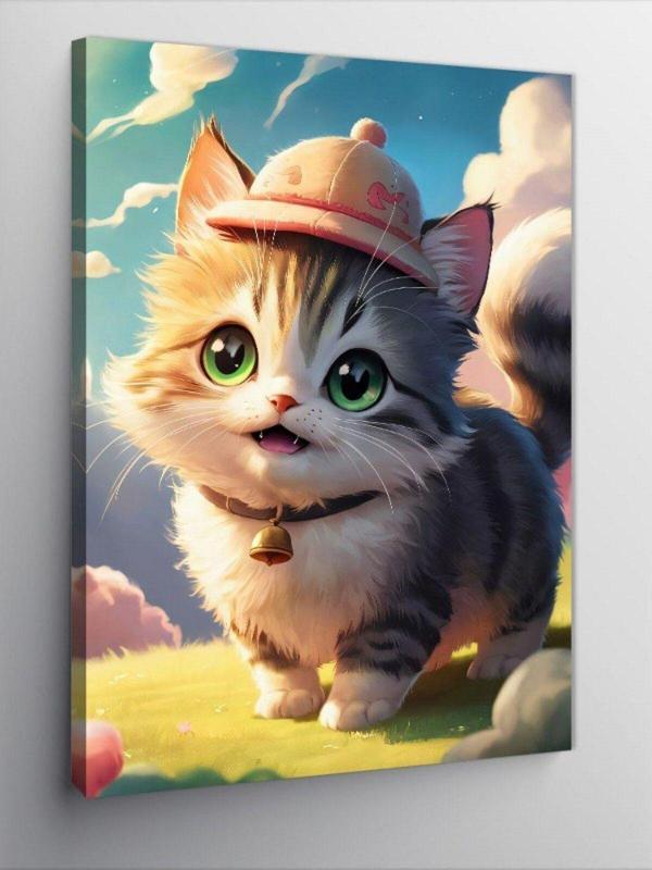 Ekart Kanvas Tablo avcı şapkalı ufak kedi - Image 1