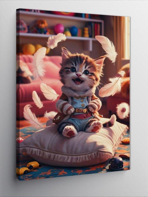 Ekart Kanvas Tablo Kuş tüyü yastık ve afacan kedi - Image 1
