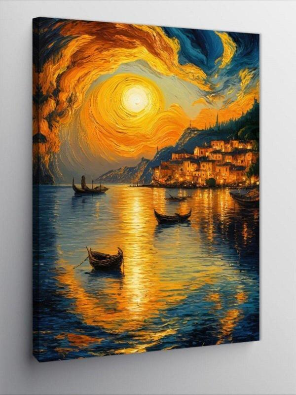 Ekart Kanvas Tablo gün batımı sahil kasabası ve kayıklar - Image 1