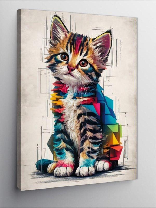 Ekart Kanvas Tablo Renkli Kristaller ve Tekir Kedi - Image 1