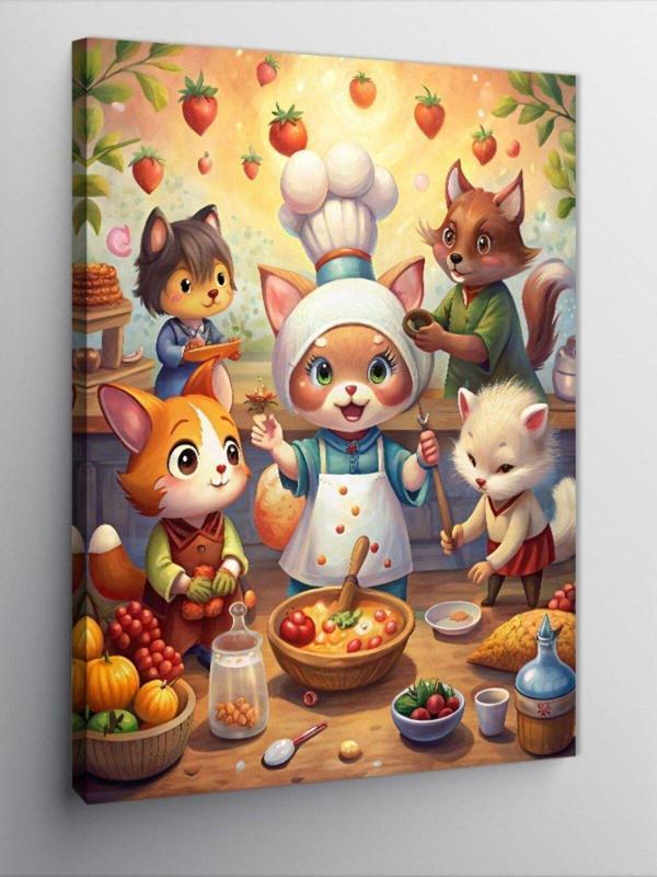 Ekart Kanvas Tablo Kedi Ailesi Mutfakta Yemek - Image 1