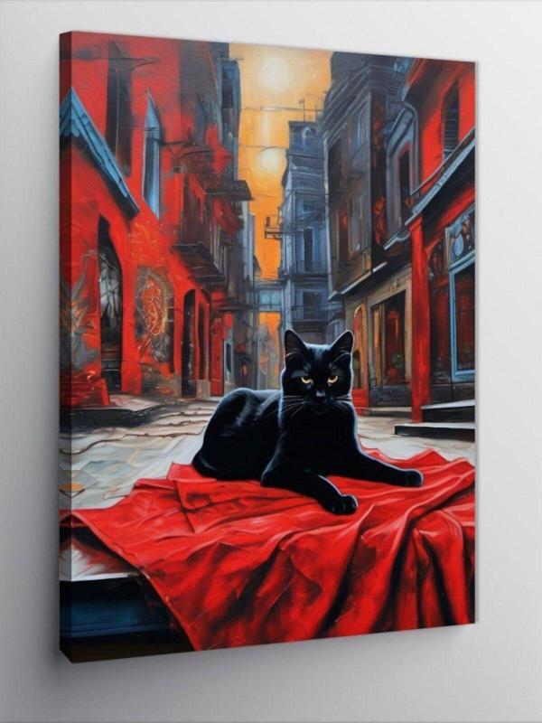 Ekart Kanvas Tablo Siyah Kedi Kırmızı Kumaş - Image 1