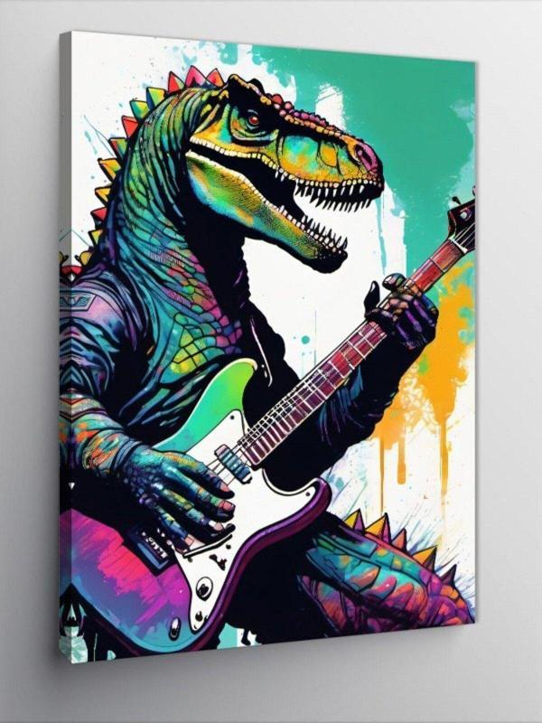 Ekart Kanvas Tablo Gitar Çalan Dinazor - Image 1
