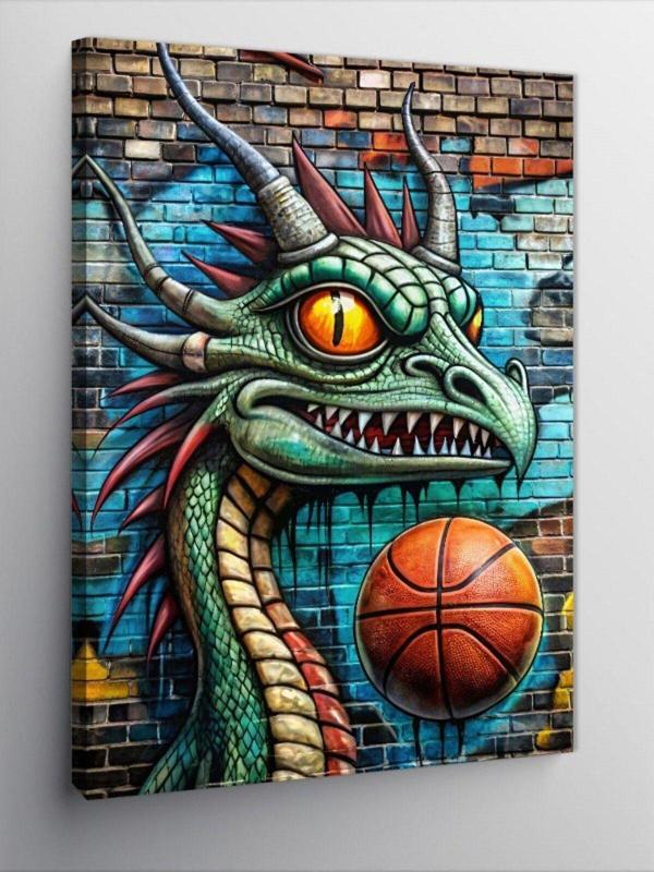 Ekart Kanvas Tablo Dinazor Grafitisi Ve Basketbol Topu - Image 1