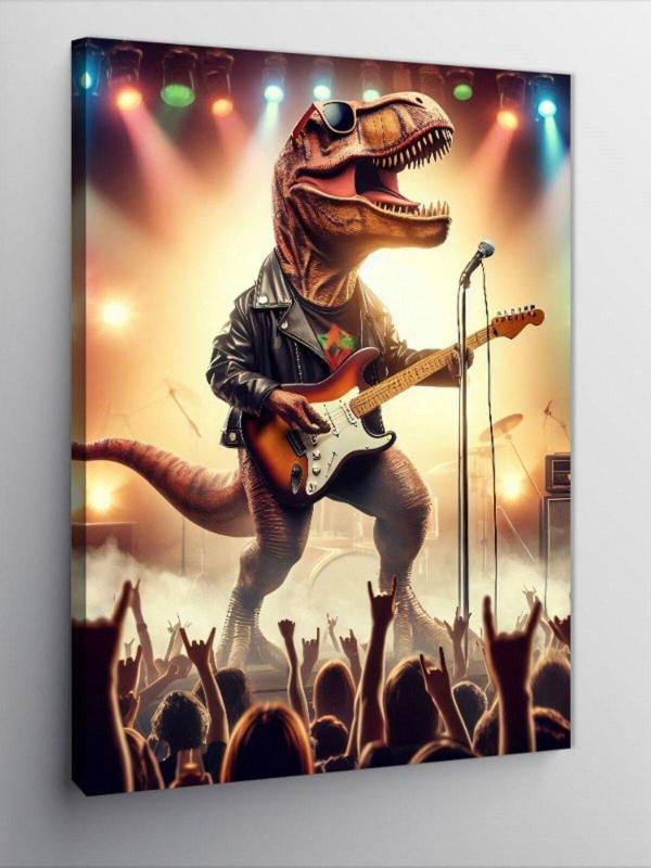 Ekart Kanvas Tablo Elektro Gitar Çalan Dinazor - Image 1