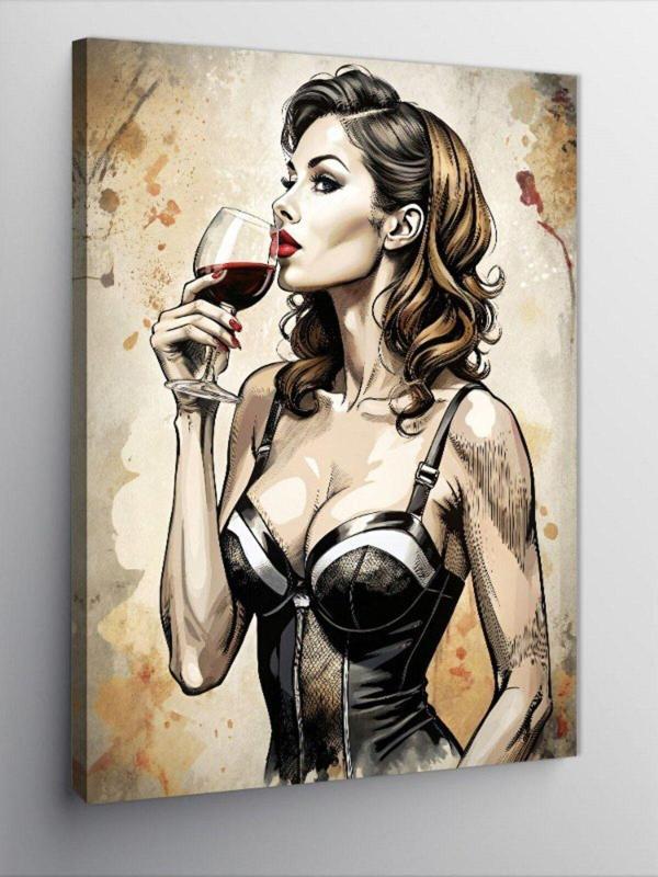 Ekart Kanvas Tablo Şarap İçen Elbiseli Kadın - Image 1