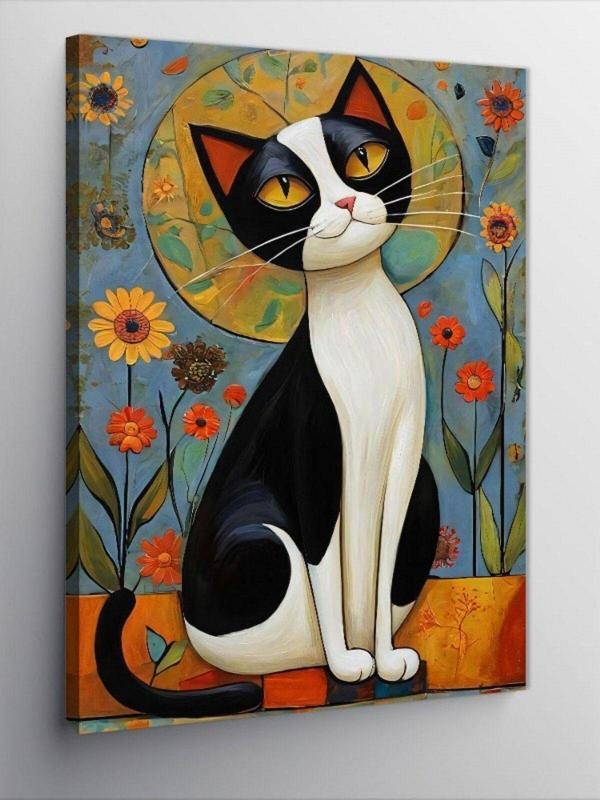 Ekart Kanvas Tablo Sevimli Kedi Ve Çiçekler - Image 1