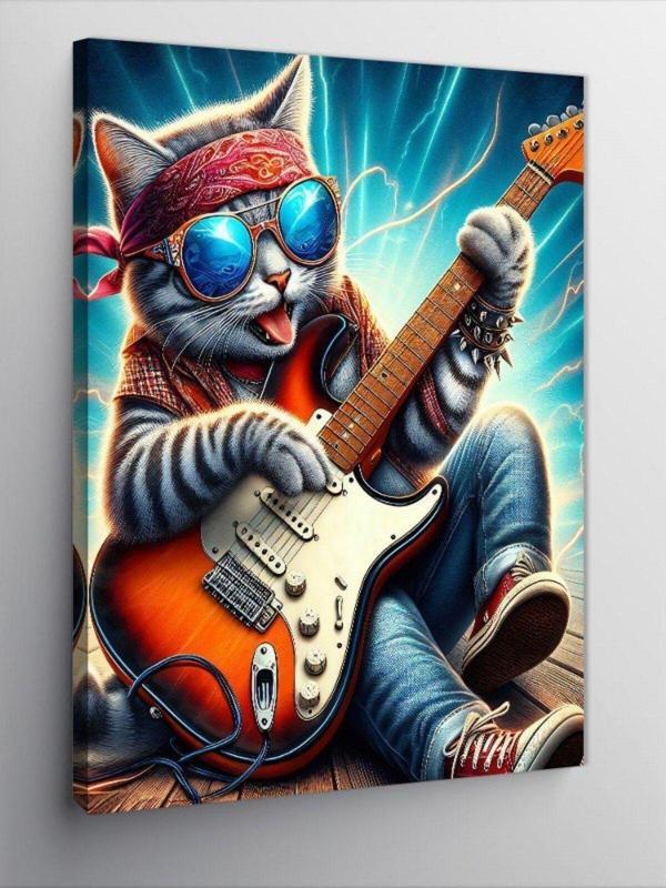 Ekart Kanvas Tablo Elektro Gitar Çalan Metalci Kedi - Image 1