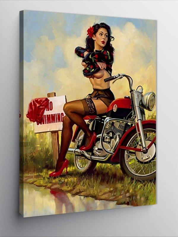 Ekart Kanvas Tablo Motosikletli Pin Up Kızı - Image 1