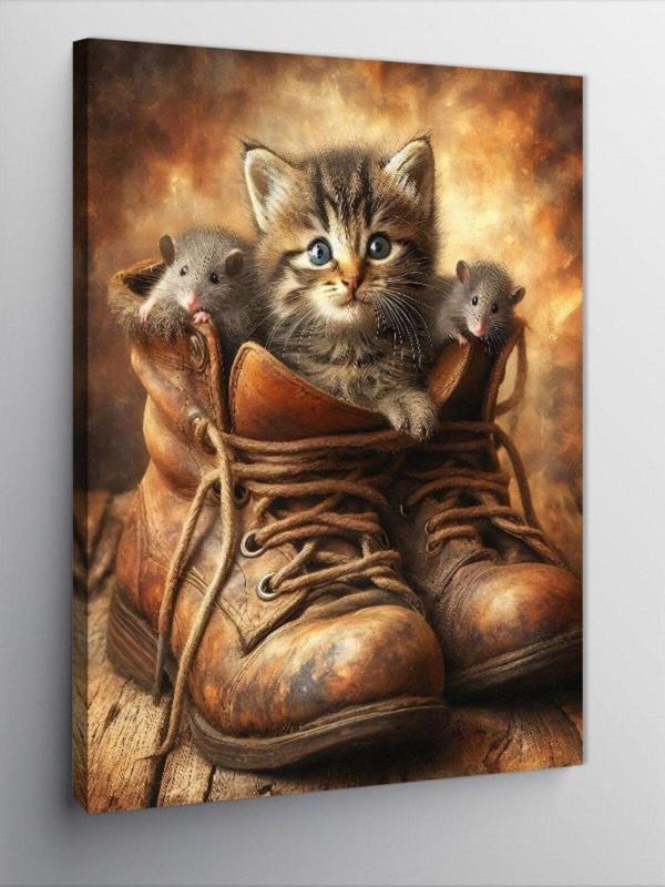 Ekart Kanvas Tablo Bot Ve Sevimli Kedi Ve Fareler - Image 1