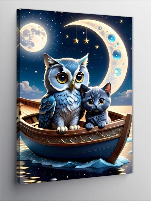 Ekart Kanvas Tablo Baykuş Ve Kedi Sandalda - Image 1