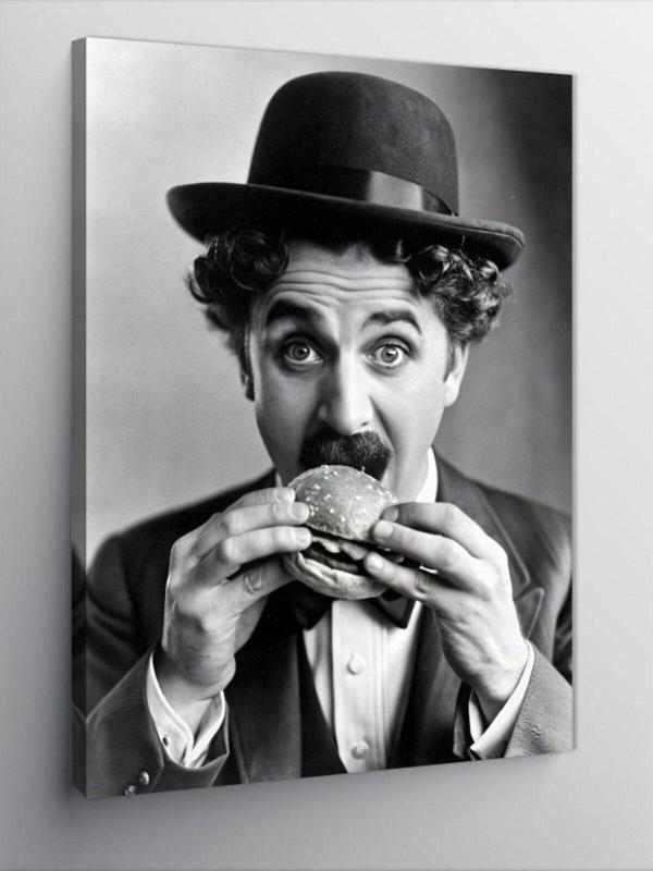 Ekart Kanvas Tablo Charlie Chaplin Hamburger Yiyor - Image 1