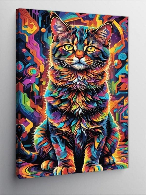 Ekart Kanvas Tablo Desenli Boyalar Ve Kedi - Image 1