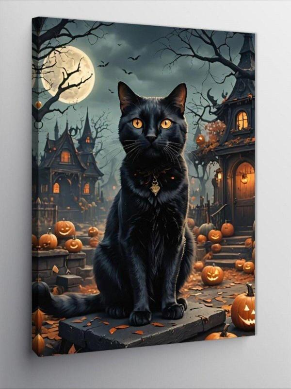 Ekart Kanvas Tablo Siyah Kedi Ve Retro Binalar - Image 1