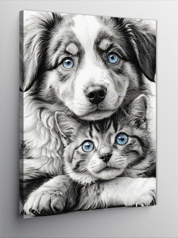 Ekart Kanvas Tablo Sarılan Köpek Ve Kedi - Image 1