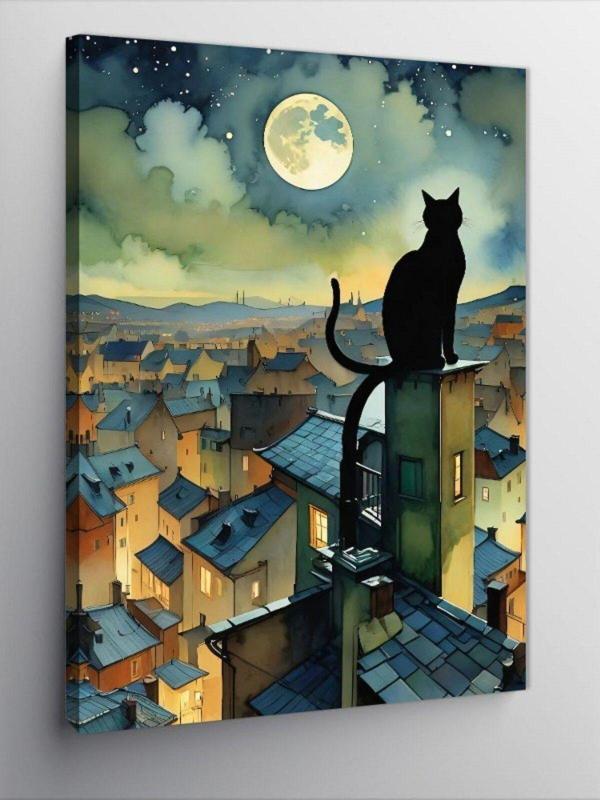 Ekart Kanvas Tablo Çatıdaki Siyah Kedi - Image 1