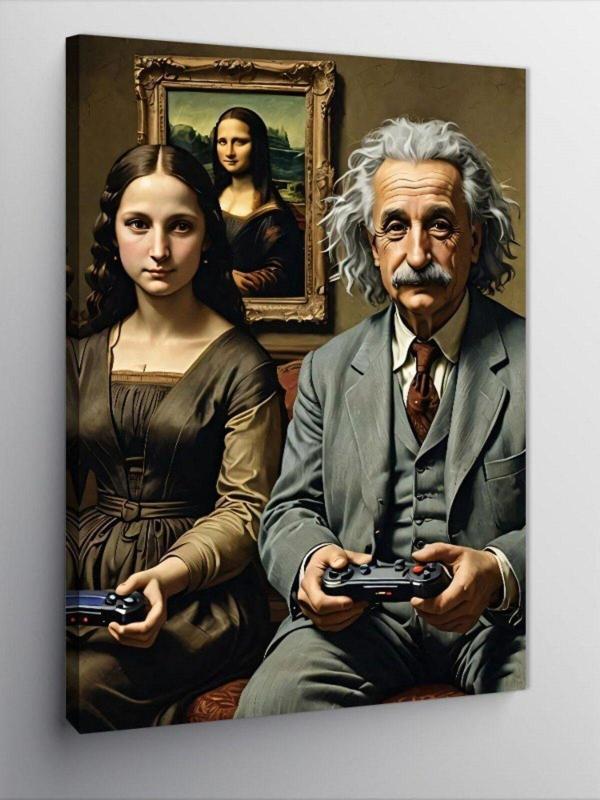Ekart Kanvas Tablo Albert Einstein Ve Mona Lisa Fun Art - Image 1