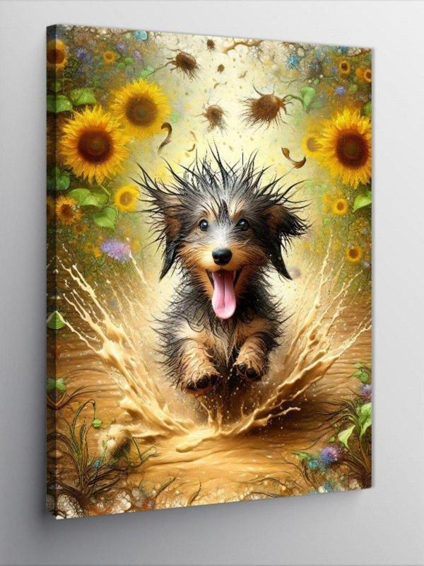 Ekart Kanvas Tablo Sarı Çiçekler Ve Koşan Köpek - Image 1