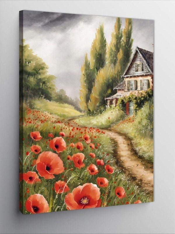 Ekart Kanvas Tablo Kır Evi Ve Gelincik Çiçekleri - Image 1