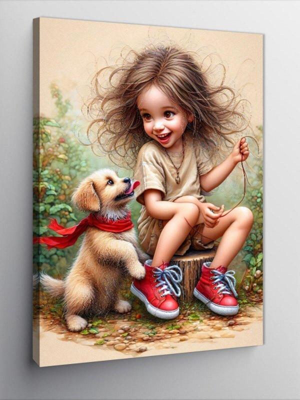 Ekart Kanvas Tablo Yavru Köpek Ve Kız Çocuğu - Image 1
