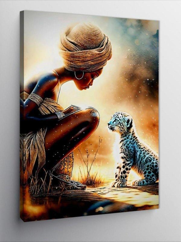 Ekart Kanvas Tablo Afrikalı Kadın Ve Yavru Leopar - Image 1