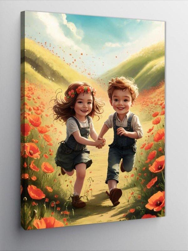 Ekart Kanvas Tablo Çiçekli Yolda Koşturan Çocuklar - Image 1