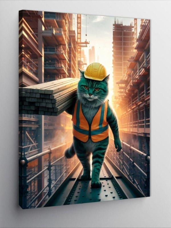 Ekart Kanvas Tablo İnşaatta Çalışan Kedi - Image 1