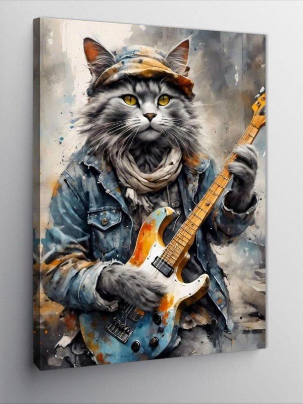 Ekart Kanvas Tablo Elektro Gitar Çalan Kedi - Image 1
