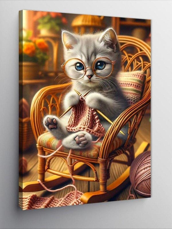 Ekart Kanvas Tablo Örgü Yapan Kedi - Image 1