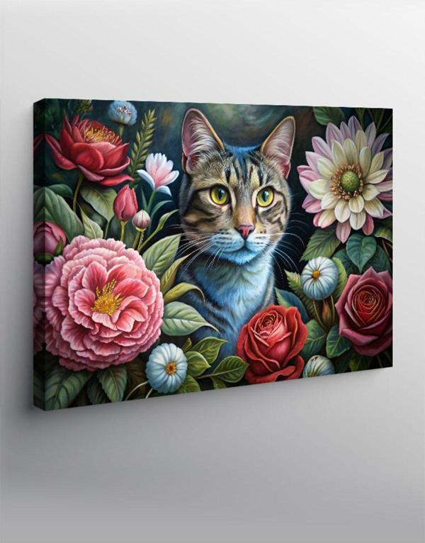 Ekart Kanvas Tablo Çiçekler Ve Kedi - Image 1
