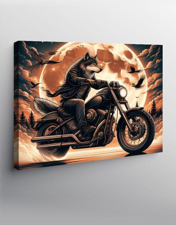 Ekart Kanvas Tablo Motosiklet Süren Kurt Ve Kartallar - Image 1