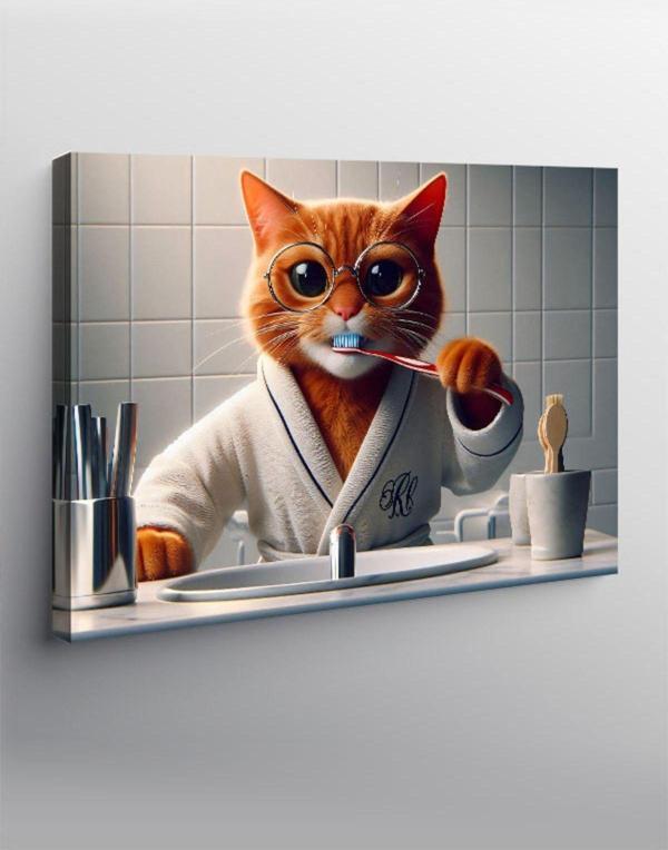 Ekart Kanvas Tablo Dişini Fırçalayan Kedi - Image 1