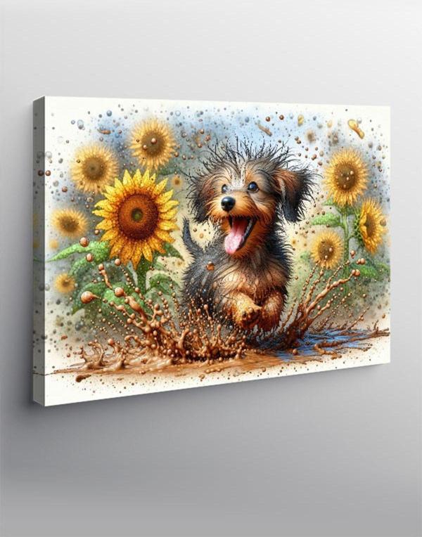 Ekart Kanvas Tablo Sevimli Köpek Ve Ayçiçekleri - Image 1