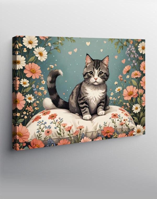 Ekart Kanvas Tablo Kırmızı Çiçekler Ve Sevimli Kedi - Image 1