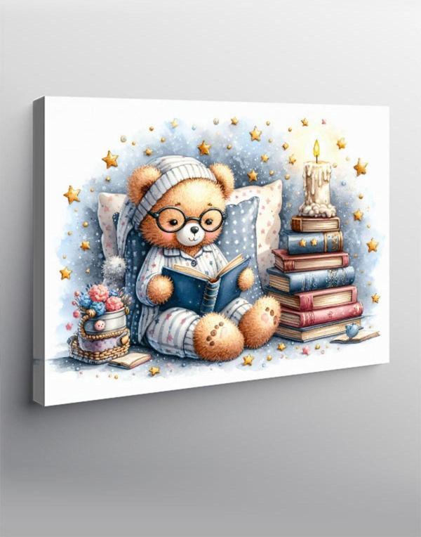 Ekart Kanvas Tablo Kitap Okuyan Pijamalı Peluş Ayı - Image 1