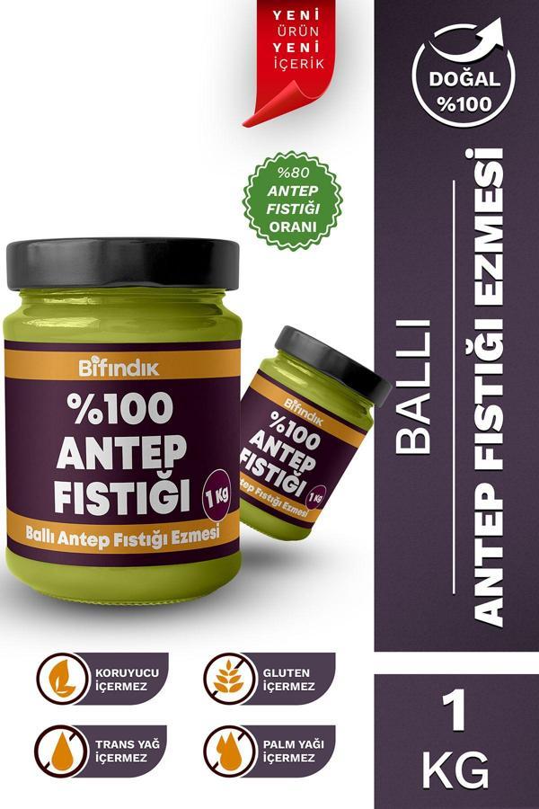 Bi Fındık Ballı Antep Fıstığı Ezmesi Katkısız Taze Çekim Doğal Sürülebilir Kahvaltılık %80 Antep 1 Kilogram - Image 1