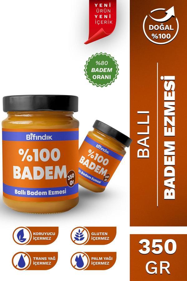 Bi Fındık Ballı Badem Ezmesi Katkısız Taze Çekim Doğal Sürülebilir Kahvaltılık %80 Badem Ezmesi 350 Gram - Image 1