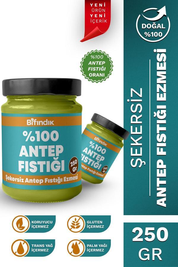Bi Fındık Şekersiz Antep Fıstığı Ezmesi Katkısız Taze Çekim Doğal Sürülebilir Kahvaltılık %100 Antep 250 Gram - Image 1