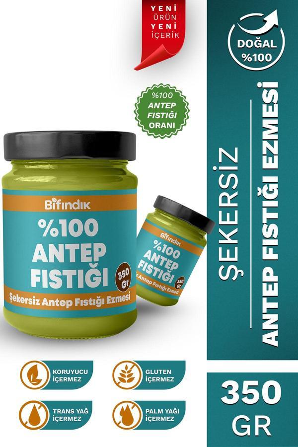 Bi Fındık Şekersiz Antep Fıstığı Ezmesi Katkısız Taze Çekim Doğal Sürülebilir Kahvaltılık %100 Antep 350 Gram - Image 1