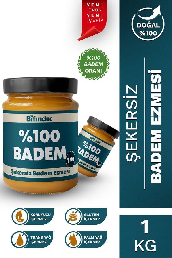 Bi Fındık Şekersiz Badem Ezmesi Katkısız Taze Çekim Doğal Sürülebilir Kahvaltılık %100 Badem 1 Kilogram - Image 1